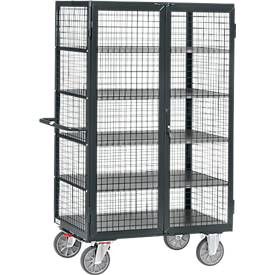 Gitterschrankwagen, mit Doppelflügeltür, abschließbar, 5 Holzböden, bis 750 kg, 1200 x 780 mm, grau