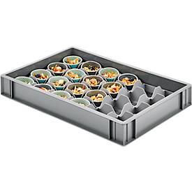 Gläsereinsatz Ringoplast, für Gläser- & Eurokästen, 3 x 5, unten, lebensmittelecht, stapelbar, B 365 x H 55 mm, Kunststoff, hellgrau