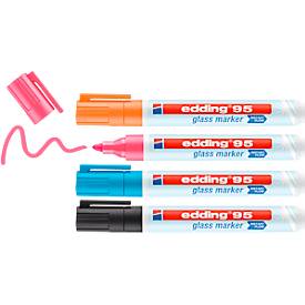 Glasmarker edding 95, für Glasoberflächen & Whiteboards, Strichbreite 1,5-3 mm, runde Spitze, 4er Set, Schwarz, Hellblau, Pink und Orange 