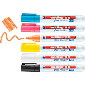 Glasmarker edding 95, für Glasoberflächen & Whiteboards, Strichbreite 1,5-3 mm, runde Spitze, 6er-Set, schwarz, weiß, gelb, orange, pink, hellblau