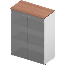 Glastürenschrank ARLON OFFICE, 3 Ordnerhöhen, Glastüren ohne Rahmen, B 900 x T 450 x H 1232 mm, Nuss Canaletto-Dekor/weiß