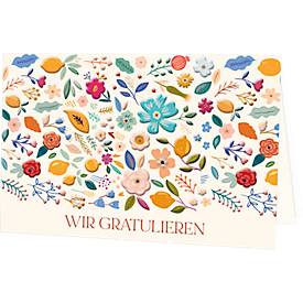 Glückwunschkarte Korsch Wir Gratulieren – Bunter Blumenmix, mit buntem Motiv & Umschlägen, Querformat, B 170 x H 115 mm, Karton, naturweiß, 10 Stück