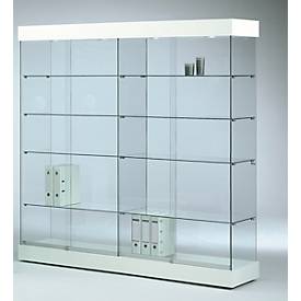 Große Glas-Standvitrine GRANAT, 1850 mm breit, 8 Böden, mit Trennwand, beleuchtet