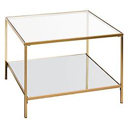 HAKU Beistelltisch, quadratisch, Stahlrohr/Glas, Sicherheitsklarglas oben, Spiegelglas unten, B 600 x T 600 x H 450 mm, gold