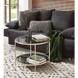 HAKU Beistelltisch, rund, Stahlrohr lackiert, Ablagen Sicherheitsklarglas/Spiegelglas, B 600 x T 600 x H 450 mm, gold