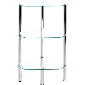 HAKU legbord, 3-zijdig, 2 legborden, elk met een draagvermogen tot 5 kg, B 450 x D 320 x H 770 mm, staal/ESG veiligheidsglas, chroom/transparant