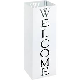 HAKU Schirmständer, mit Welcome-Stanzung und Abtropfschale, B 160 x T 160 x H 480 mm, Metall, weiß