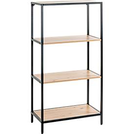 HAKU stellingkast, 4 legborden, elk belastbaar tot 15 kg, B 640 x D 350 x H 1290 mm, staal/hout, decor zwart/licht eiken