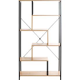 HAKU stellingkast, 5 legborden, elk belastbaar tot 50 kg, B 840 x D 350 x H 1630 mm, staal/hout, decor zwart/licht eiken
