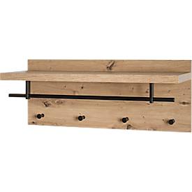 HAKU wandkapstok, 4 haken, elk met 3 kg draagvermogen, kledingstang, hoedenplank, B 750 x D 260 x H 300 mm, hout/metaal, licht eiken decor/zwart