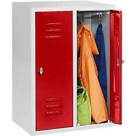 Halbhoher Kleiderspind, 2 Abteile, 300 mm, Drehriegelverschluss, lichtgrau/feuerrot