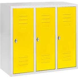 Halbhoher Kleiderspind, 3 Abteile, 300 mm, Drehriegelverschluss, lichtgrau/zinkgelb