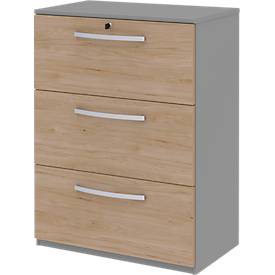 Hangmappenkast BARI, 3 schuifladen, centrale vergrendeling, B 819 x D 430 x H 1117 mm, eikenpatroon/middengrijs