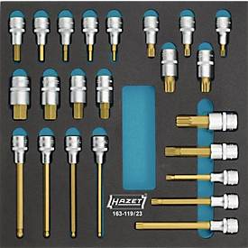Hazet Werkzeugeinlage 163-119/23, 2/3 Modul, inkl. Schraubendreher-steckschlüsseleinsatzsortiment, 23-tlg., B 344 x T 342 x H 35 mm, Schaumstoff, schwarz/blau