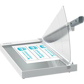 Hebelschneider Leitz Precision Office A4+, bis A4, bis 15 Blatt, beleuchtete Schneidkante, Ableselineal, Klingenschutz, Edelstahl und Glas