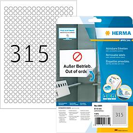 Herma ablösbare Etiketten Nr. 4385, rund, Ø 10 mm, selbstklebend, bedruckbar, Papier, weiß, 7875 Stück auf 25 Blatt