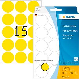 HERMA Klebepunkte 2271, Ø 32 mm, selbstklebend, permanenthaftend, per Hand beschreibbar, 480 Stück auf 32 Blatt, FSC®-Papier, gelb