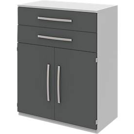 Highboard BARI, 3 HC, 2 tiroirs, 2 portes, 1 étagère, l. 819 x P 430 x H 1117 mm, gris clair/anthracite