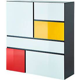 Highboard, mit 3 Türen, 1 Schublade und 1 Klappe, Glasfront- und auflage, B 1200 x T 400 x H 1300 mm, schwarz/weiß/gelb/