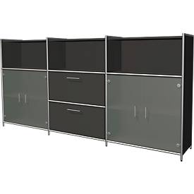Highboard Toledo, 2 tiroirs, 3 casiers, 3 HC, portes vitrées, l. 2360 x P 380 mm, anthracite