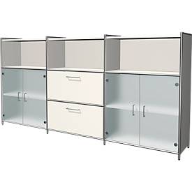 Highboard Toledo, 2 tiroirs, 3 casiers, 3 HC, portes vitrées, l. 2360 x P 380 mm, blanc