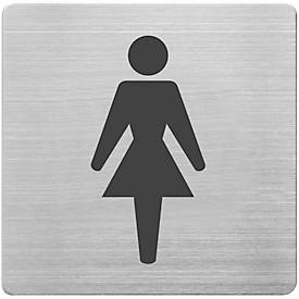 Hinweisschild „WC Damen“, quadratisch, inkl. Selbstklebepad, L 90 x B 90 mm, Edelstahl gebürstet, silber-schwarz