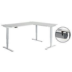 Hoekbureau AERO FLEX - elektrisch in hoogte verstelbaar - hoek 90° - B 2000 x D 1600 mm - met memoryplaat + kabelgoot - C-voet blank alu - lichtgrijs - Schäfer Shop Genius