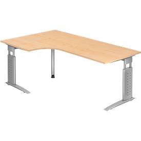 Hoekbureautafel TARVIS, B 2000 x D 1200/800 x H 680-860 mm, onderstel zilver, esdoornpatroon