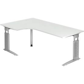 Hoekbureautafel TARVIS, B 2000 x D 1200/800 x H 680-860 mm, onderstel zilver, lichtgrijs