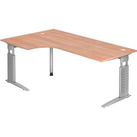 Hoekbureautafel TARVIS, B 2000 x D 1200/800 x H 680-860 mm, onderstel zilver, notenhoutpatroon