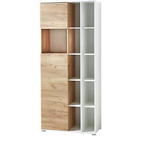 Home Office Aktenschrank LIONI, aus Holz, 2 Türen, 4 geschlossene & 11 offene Fächer, B 850 x T 400 x H 1970 mm, weiß/Na