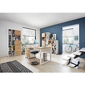 Home Office Kombischrank LIONI, aus Holz, 1 Tür, 2 geschlossene & 7 offene Fächer, B 850 x T 400 x H 1200 mm, weiß/Navarra Eiche