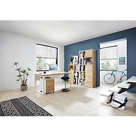 Home Office Kombischrank LIONI, aus Holz, 1 Tür, 2 geschlossene & 7 offene Fächer, B 850 x T 400 x H 1200 mm, weiß/Navarra Eiche