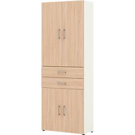 Home Office Schrank TEMPIO, aus Holz, 4 Türen, 2 Schubkästen, 6 OH, B 800 x T 340 x H 2130 mm, weiß/Sonoma Eiche