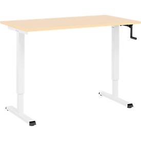 Home-Office-Schreibtisch Multiflex, manuell höhenverstellbar mit Kurbel, B 1300 x T 650 x H 700-1180 mm, Ahorn/weiß