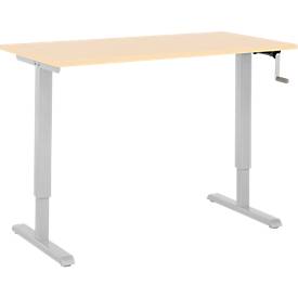 Home-Office-Schreibtisch Multiflex, manuell höhenverstellbar mit Kurbel, B 1300 x T 650 x H 700-1180 mm, Ahorn/weißalu