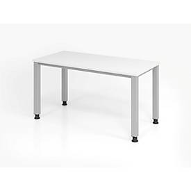 Home Office Tisch, Rechteck, 4-Fuß Quadratrohr, B 1400 x T 672 x H 685-810 mm, weiß/silber