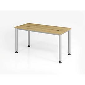 Home Office Tisch, Rechteck, 4-Fuß Rundrohr, B 1400 x T 672 x H 685-810 mm, Wildeiche/silber