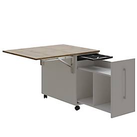 Homeoffice Rollcontainer Multicontainer, mit Auszug, abklappbare Seitenplatte rechts, B 480-1080 x T 800 x H 740 mm, Masonic Eiche/weiß