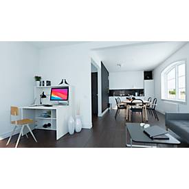Homeoffice Sekretär, Tischplatte B 1200 x H 600 mm, Kabeldurchlässe/Systemschiene/Klappfach, B 1200 x T 380 x H 1320 mm, Holz, weiß
