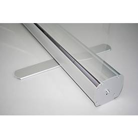 Hygieneschutzwand Roll-up, PET-Folie, glasklar, einrollbar, Aluminiumkassette mit Füßen, B 850 x T 200 x H 2200 mm