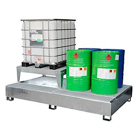 IBC-Auffangwanne CEMO GS2a AB2, Stahl, 1000 l Auffangvolumen, verzinkt, mit 2 Abfüllböcken und Abfüllfläche, L 2680 x B 1605 x H 800 mm