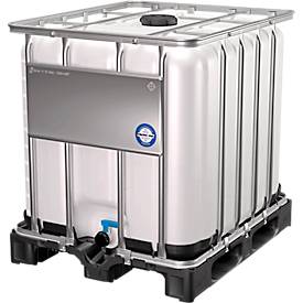 IBC Container, 1000 Liter, UN-Zulassung, Kunststoffdeckel, Stahl-Kreuzverband, Stahltraverse, auf Kunststoffpalette, B 1200 x T 1000 x H 1163 mm