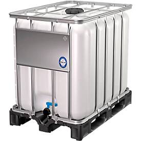 IBC Container, 600 Liter, HDPE, stapelbar, Auslaufventil, auf Kunststoffpalette, B 1200 x T 800 x H 1013 mm