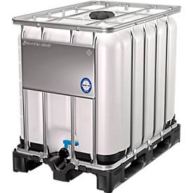 IBC Container, 600 Liter, UN-Zulassung, Kunststoffdeckel, Stahl-Kreuzverband, Stahltraverse, auf Kunststoffpalette, B 1200 x T 1000 x H 1013 mm