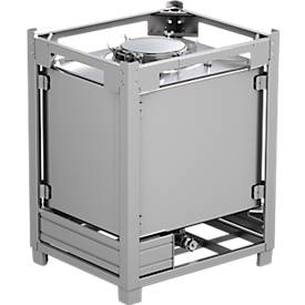 IBC-Container SCHÄFER BTA NBR, 1000 l, UN-Zulassung, Sicherheitsventil, stapelbar, auf Transportgestell, Edelstahl 1.4301 (V2A), B 1015 x T 1215 x H 1550 mm