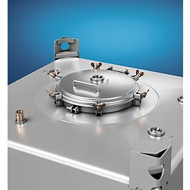 IBC-Container SCHÄFER Cube BTU PTFE, 1000 l, UN-Zulassung, Sicherheitsventil, stapelbar, auf Palette, Edelstahl 1.4404 (V4A), B 1150 x T 1150 x H 1160 mm