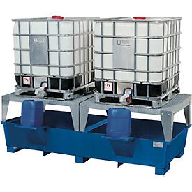 IBC-Station ASECOS, Stahl, mit 2 Abfüllblöcken u. Staplerschuhen, 1000 l Auffangvolumen, B 2680 x T 1300 x H 950 mm, lackiert o. verzinkt
