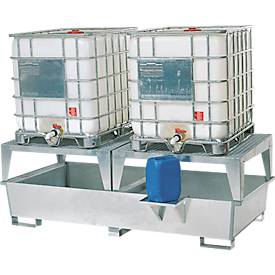 IBC-Station ASECOS, Stahl, mit 2 Abfüllblöcken u. Staplerschuhen, 1000 l Auffangvolumen, B 2680 x T 1300 x H 950 mm, verzinkt