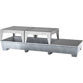 IBC-Station ASECOS, Stahl, mit Gitterrost, 2 Abfüllböcken u. Staplerschuhen, 1000 l Auffangvolumen, B 3280 x T 1300 x H 820 mm, verzinkt